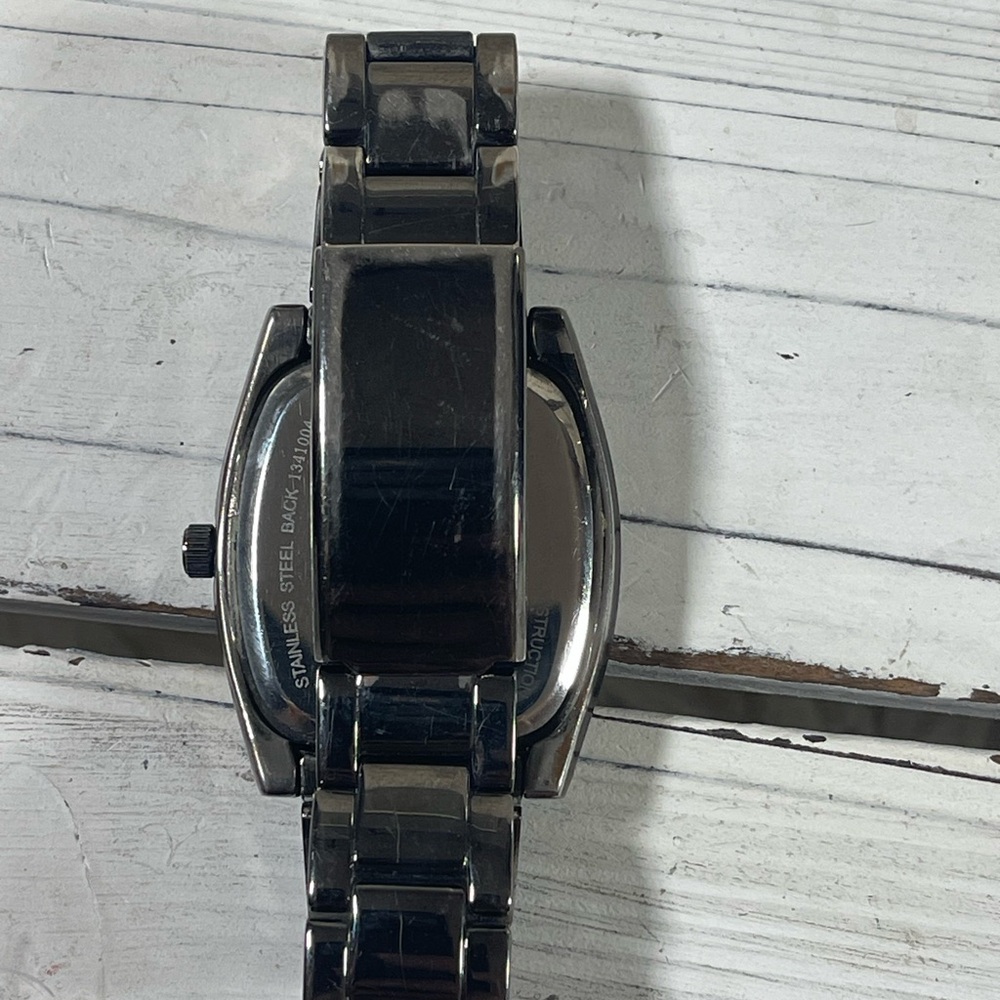 *NEW BATTERY* BKE watch fleur-de-lis Lily Saints Rhinestone Gunmetal Black Steel - Picture 11 of 12